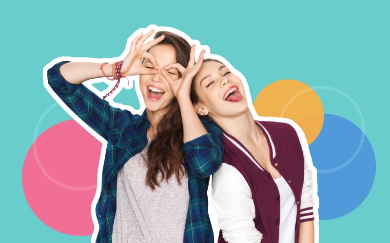 people, fashion and friendship concept - magazine style collage of happy teenage girls having fun and making faces over colorful background